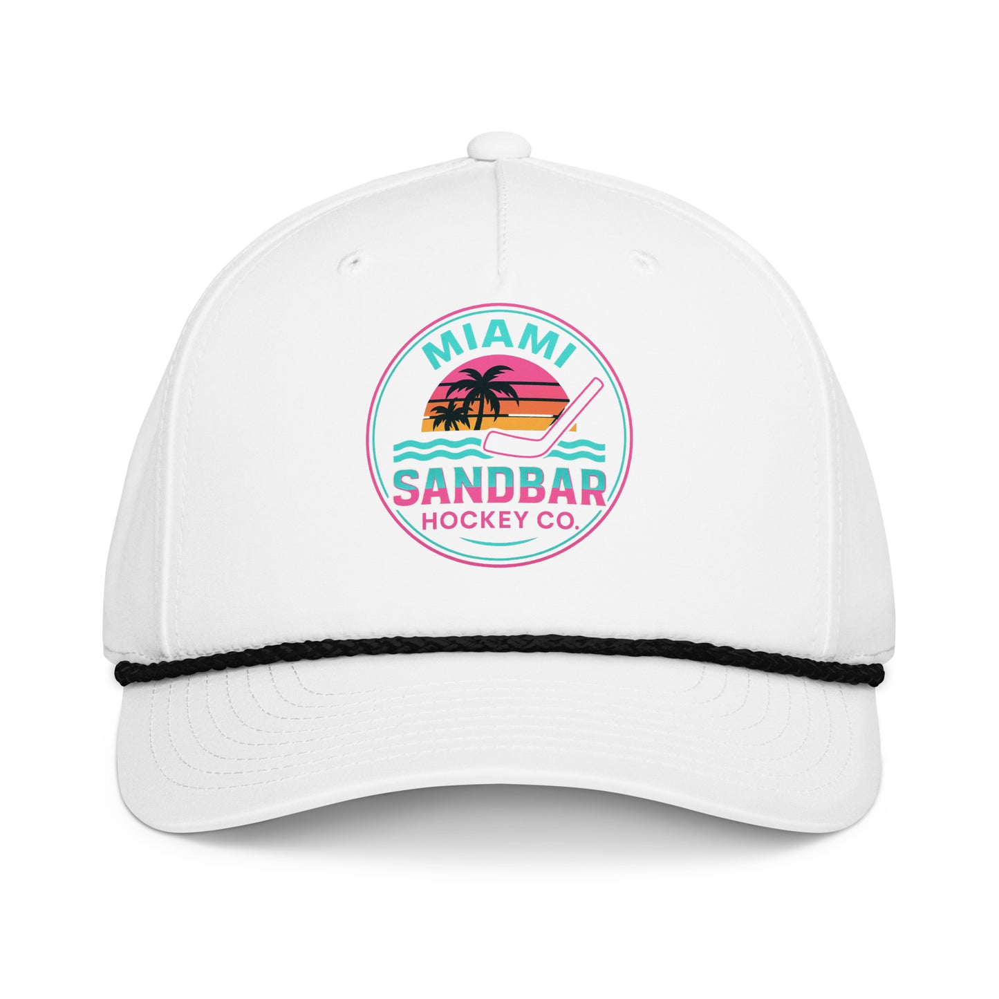 White Miami hockey snapback hat front view with colorful Sandbar Hockey Co. sunset logo and black rope detail.