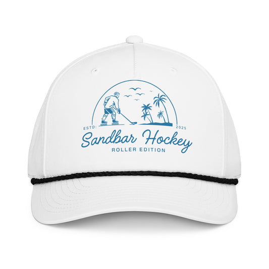 White roller hockey rope hat front view with blue Sandbar Hockey Roller Edition logo and black rope detail.