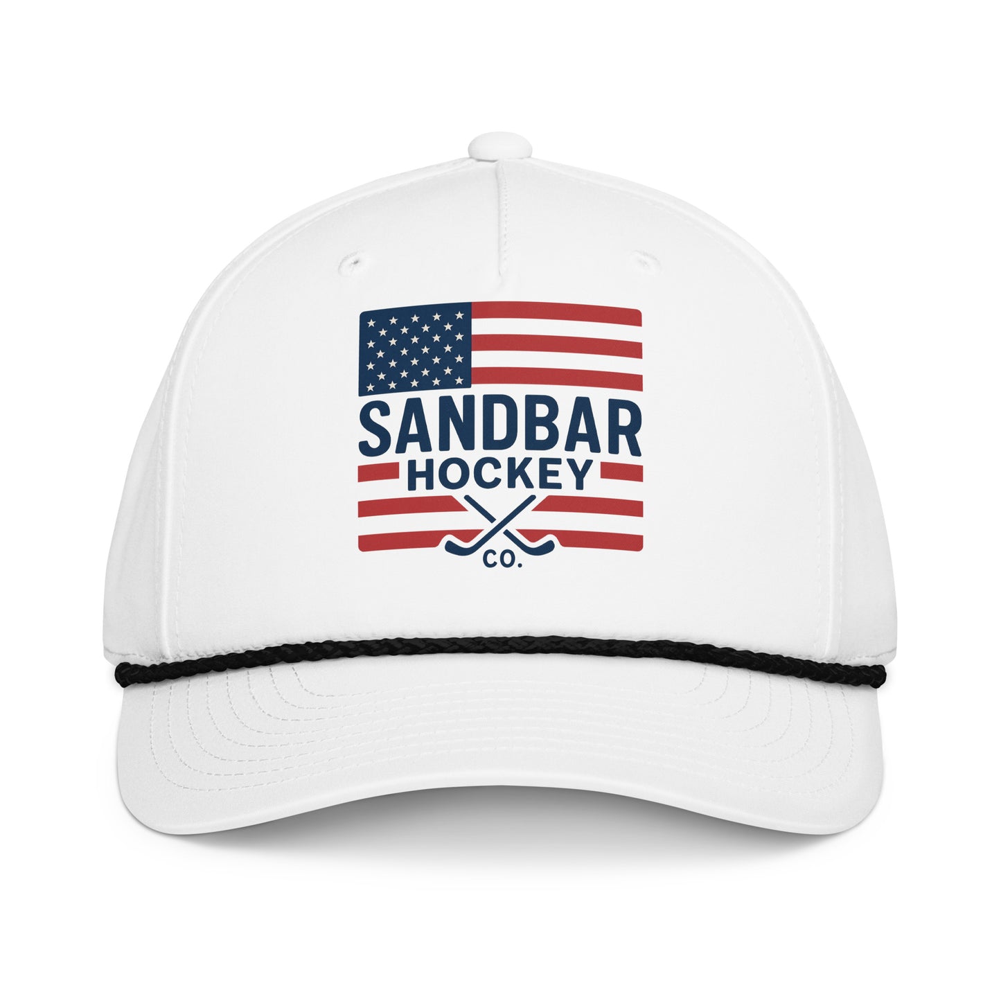 White USA hockey rope hat front view with American flag Sandbar Hockey Co. graphic and black rope detail.