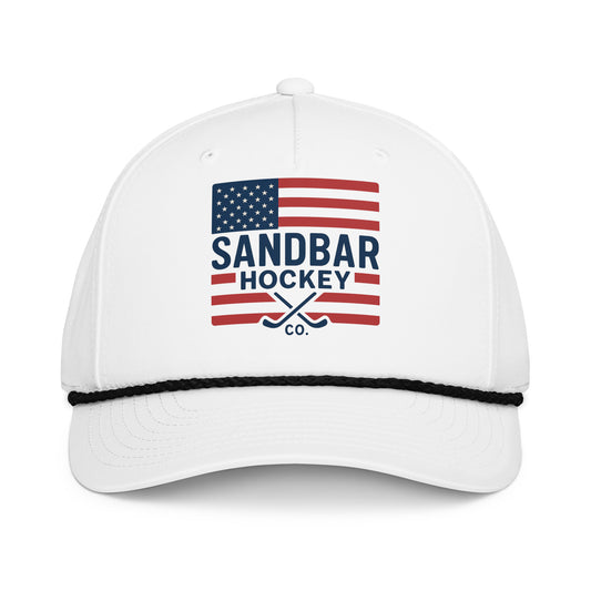 White USA hockey rope hat front view with American flag Sandbar Hockey Co. graphic and black rope detail.