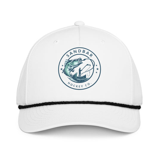White fishing hockey rope hat front view with Sandbar Hockey Co. fishing logo and black rope detail.