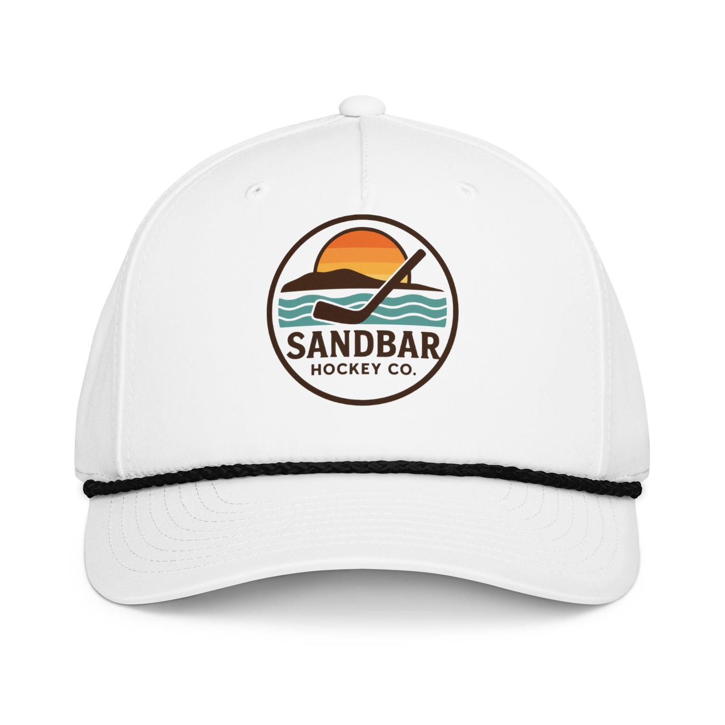 White hockey rope hat front view with Sandbar Hockey Co. sunset puck logo and black rope detail.