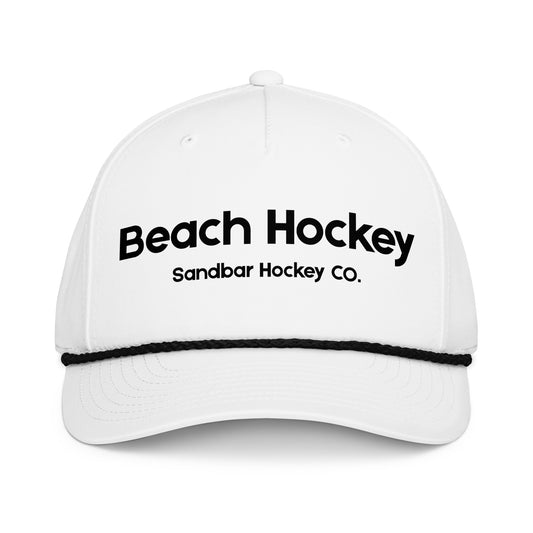 White beach hockey rope hat front view with Beach Hockey Sandbar Hockey Co. text and black rope detail.