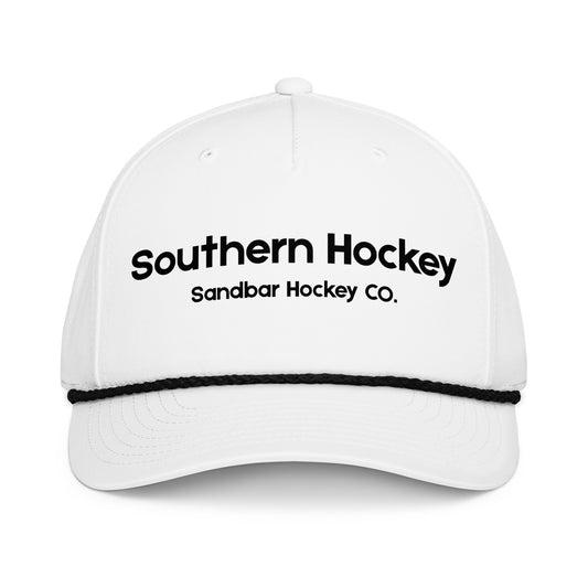 White southern hockey rope hat front view with Southern Hockey Sandbar Hockey Co. text and black rope detail.