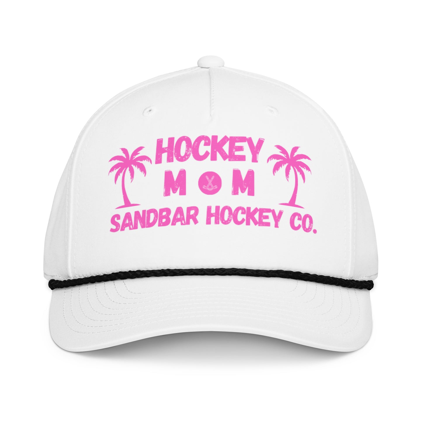 White hockey mom rope hat front view with pink Hockey Mom Sandbar Hockey Co. graphic and black rope detail.