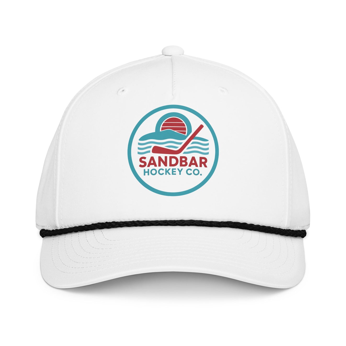 White Sandbar Hockey Co. snapback rope hat front view with circular coastal hockey logo