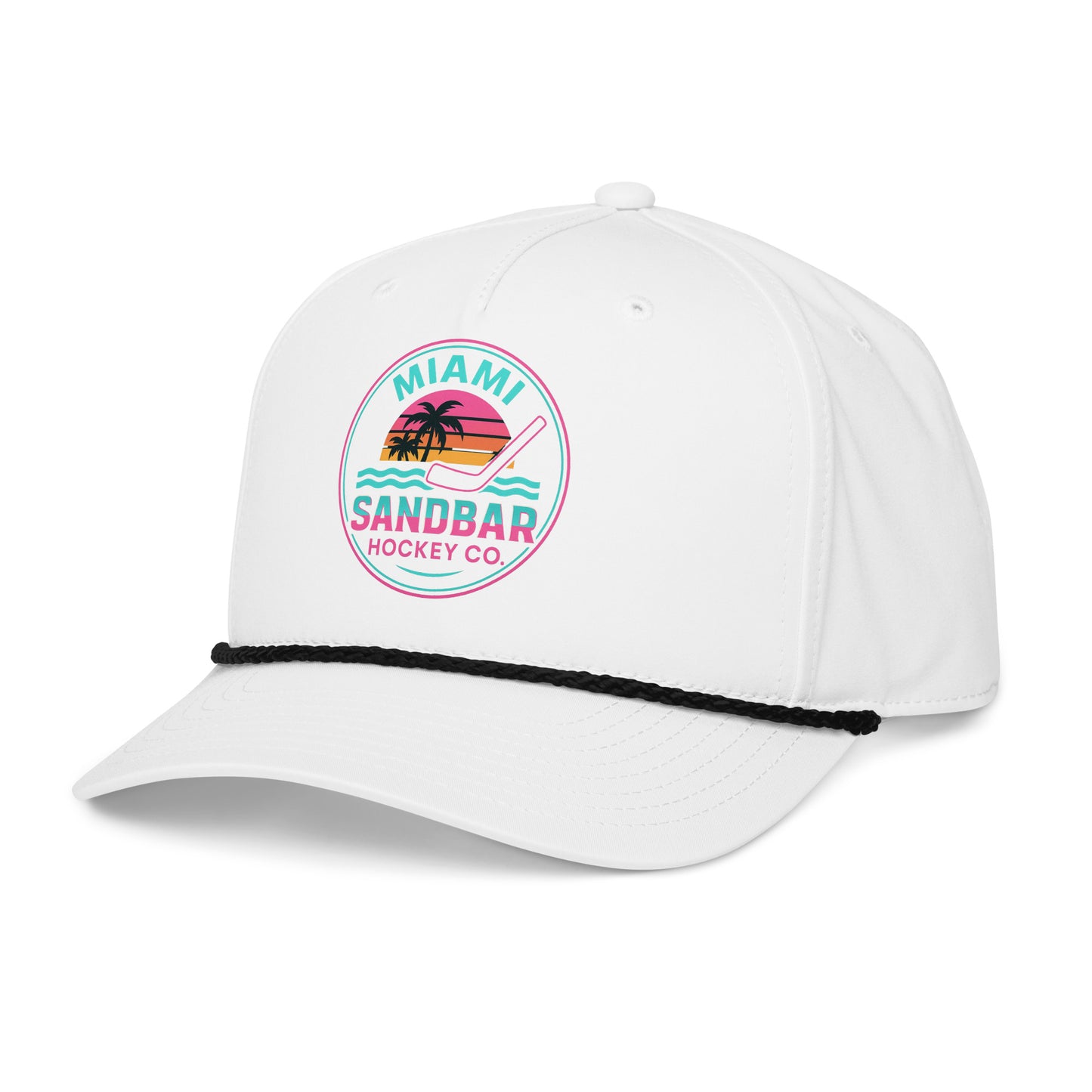 White Miami hockey snapback hat right front angle view with neon Miami Sandbar Hockey Co. logo and curved brim.