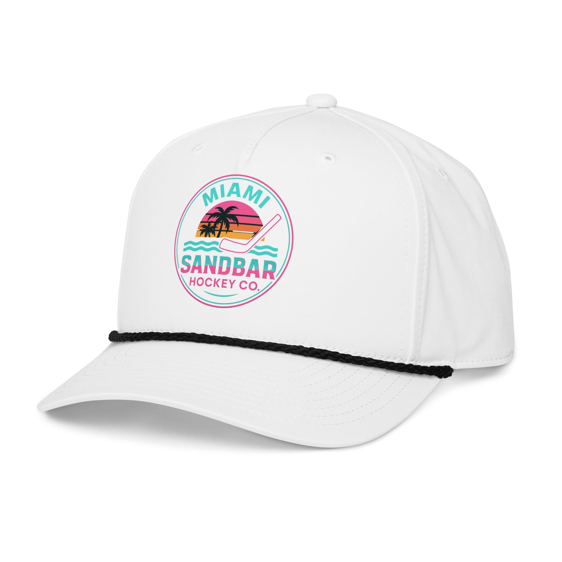 White Miami hockey snapback hat right front angle view with neon Miami Sandbar Hockey Co. logo and curved brim.