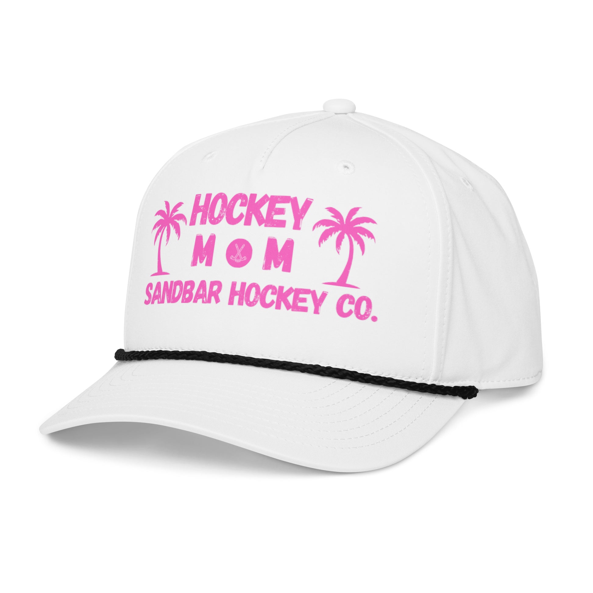 White hockey mom rope hat left front angle view with pink Hockey Mom Sandbar Hockey Co. graphic and black rope detail.