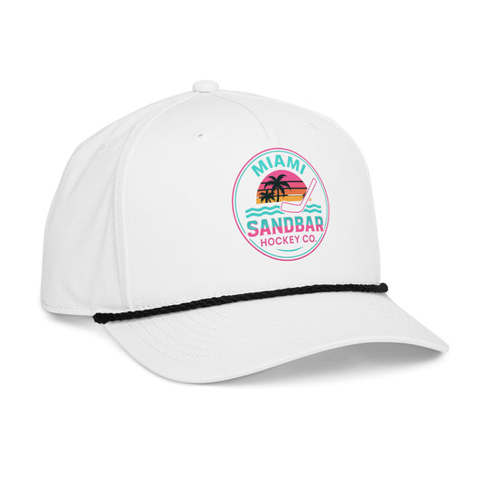 White Miami hockey snapback hat left front angle view with colorful Sandbar Hockey Co. sunset logo and black rope detail.