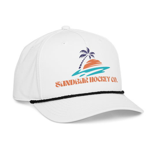 White hockey rope hat left front angle view with Sandbar Hockey Co. sunset logo, black rope detail, and curved brim.