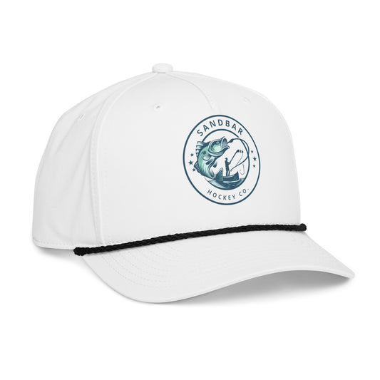 White fishing hockey rope hat left front angle view with Sandbar Hockey Co. fishing logo, black rope detail, and curved brim.