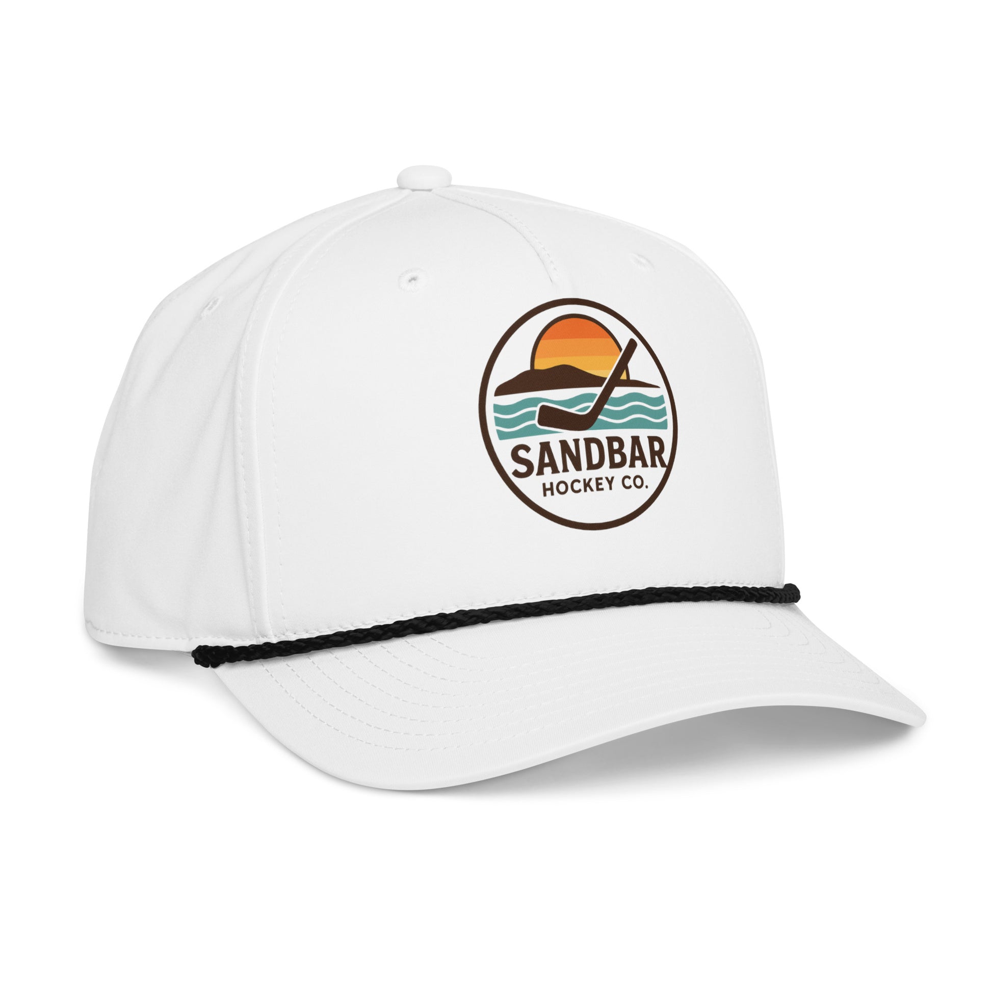 White hockey rope hat left front angle view with Sandbar Hockey Co. sunset puck logo, black rope detail, and curved brim.