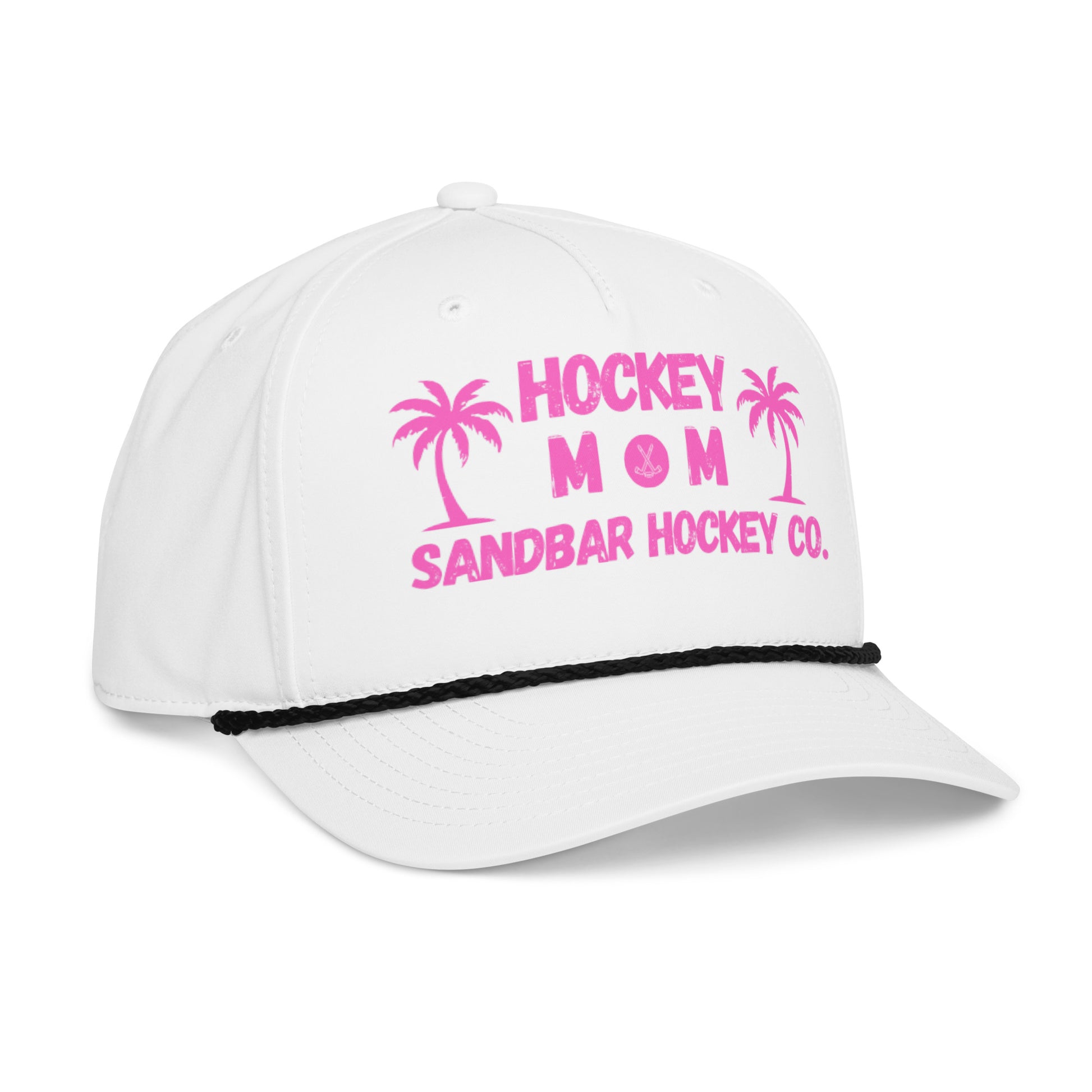 White hockey mom rope hat right front angle view with pink Hockey Mom Sandbar Hockey Co. graphic and black rope detail.