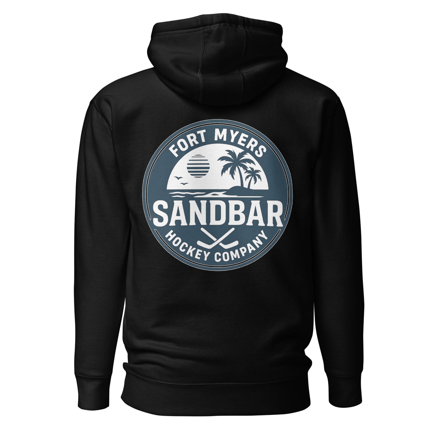 Black Fort Myers Sandbar Hockey hoodie back view with large circular Fort Myers Sandbar Hockey Company graphic featuring palm trees, water, sunset, birds, and crossed hockey sticks