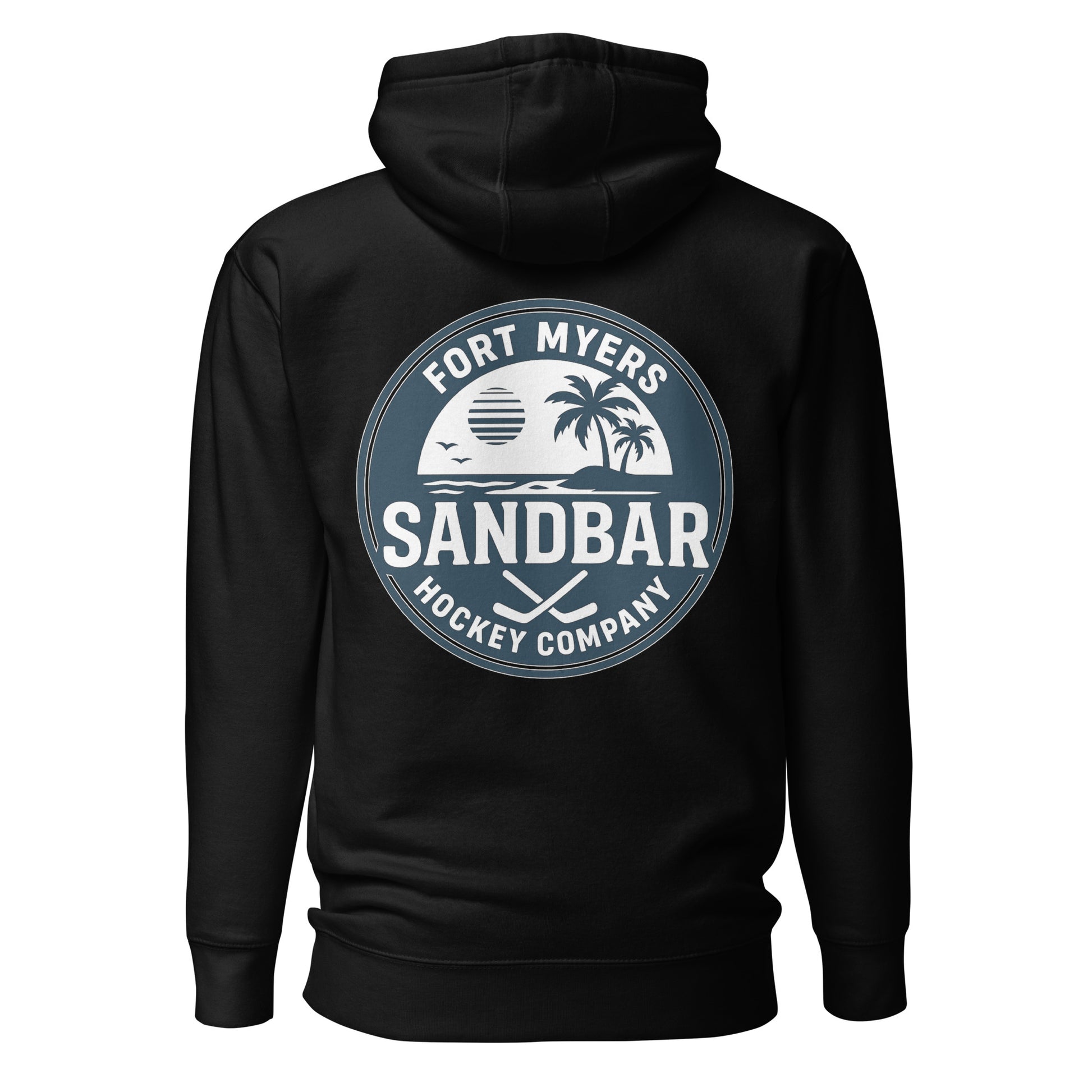 Black Fort Myers Sandbar Hockey hoodie back view with large circular Fort Myers Sandbar Hockey Company graphic featuring palm trees, water, sunset, birds, and crossed hockey sticks