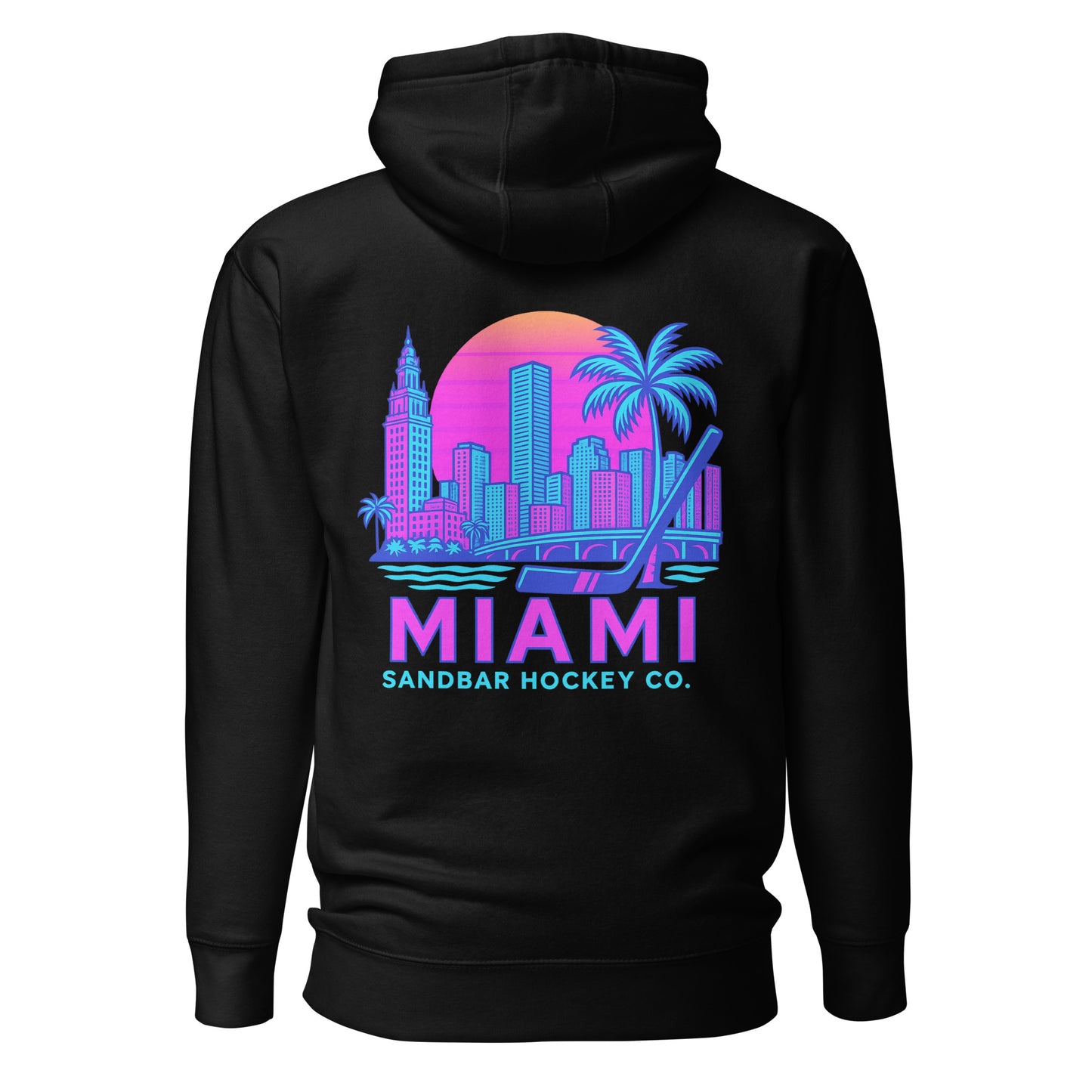 Black Miami Sandbar Hockey hoodie back view with large neon Miami skyline graphic, palm trees, hockey stick, and Miami Sandbar Hockey Co. text