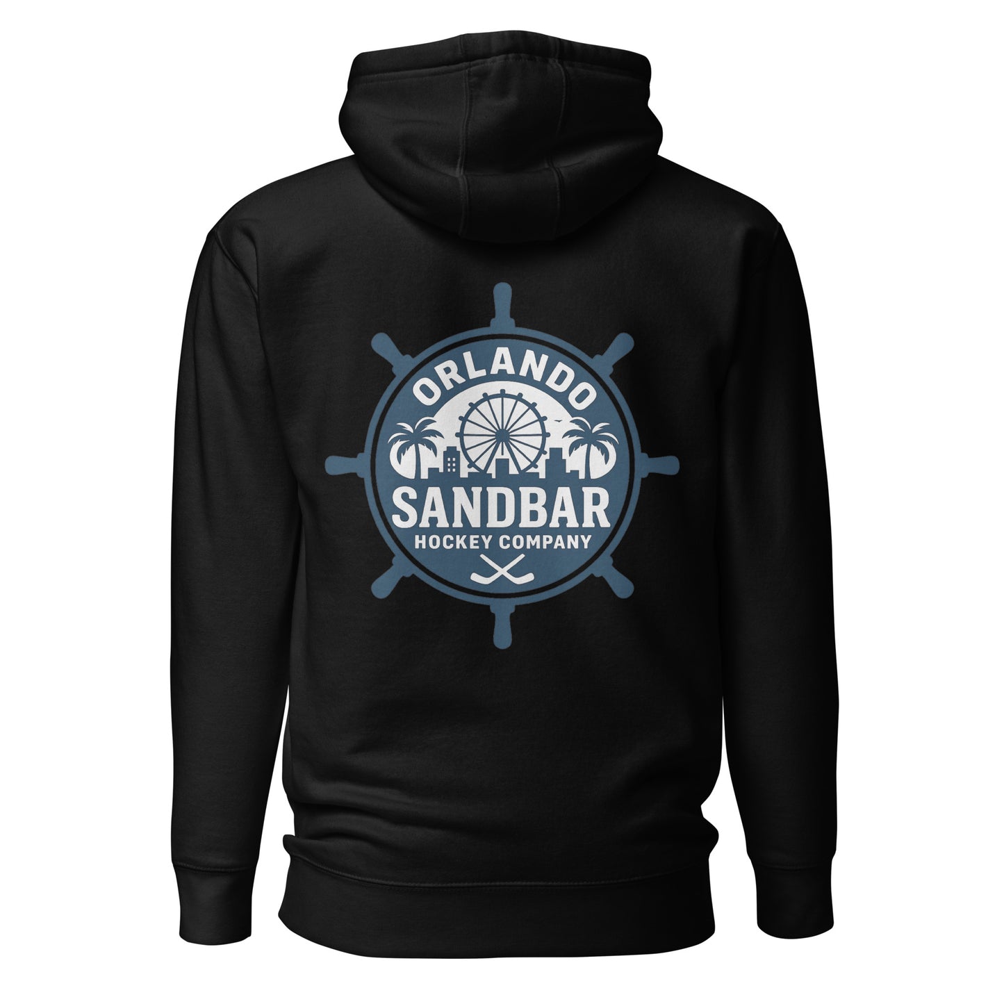 Black Orlando Sandbar Hockey hoodie back view with large circular ship wheel Orlando Sandbar Hockey Company graphic