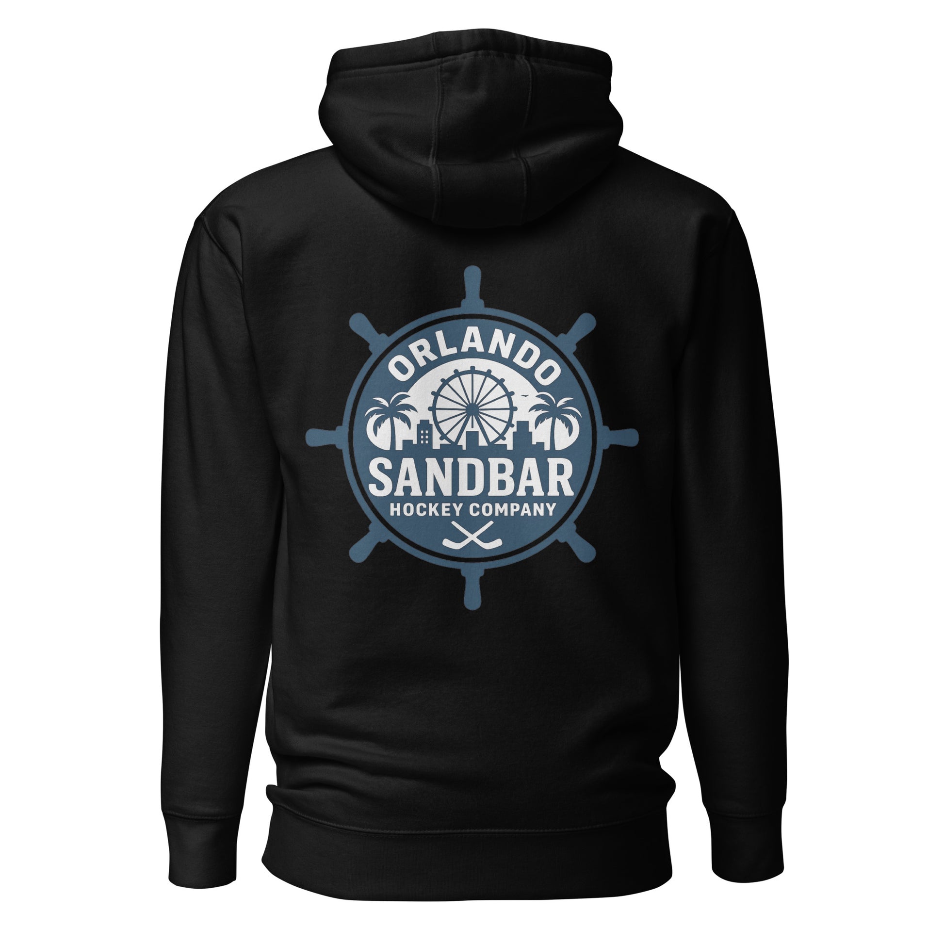 Black Orlando Sandbar Hockey hoodie back view with large circular ship wheel Orlando Sandbar Hockey Company graphic