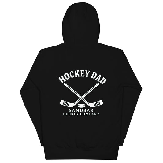Black hockey dad hoodie back view with Hockey Dad Sandbar Hockey Company graphic, crossed hockey sticks, and puck.