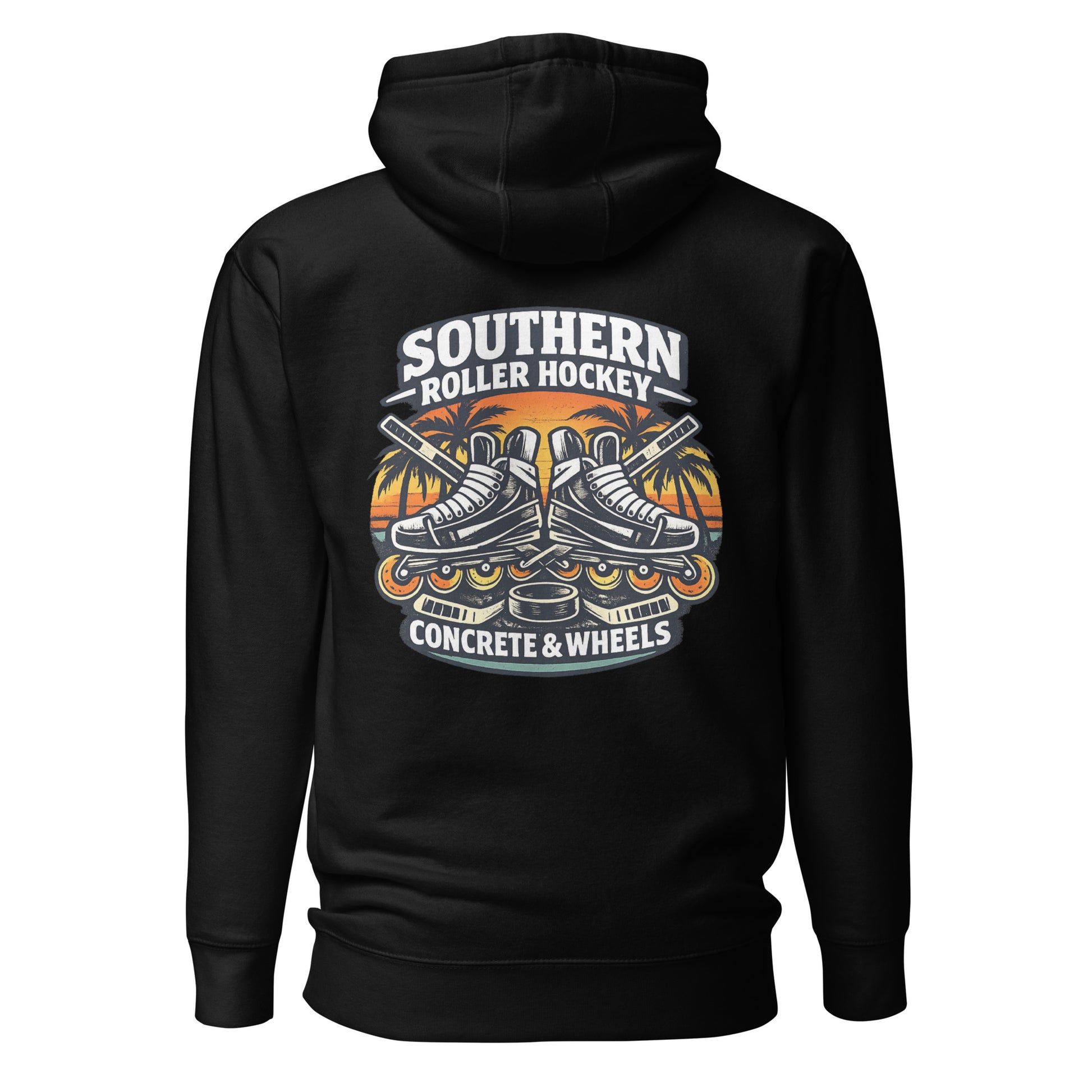 Black southern roller hockey hoodie back view with Southern Roller Hockey Concrete & Wheels graphic featuring inline skates, palm trees, sticks, and puck.