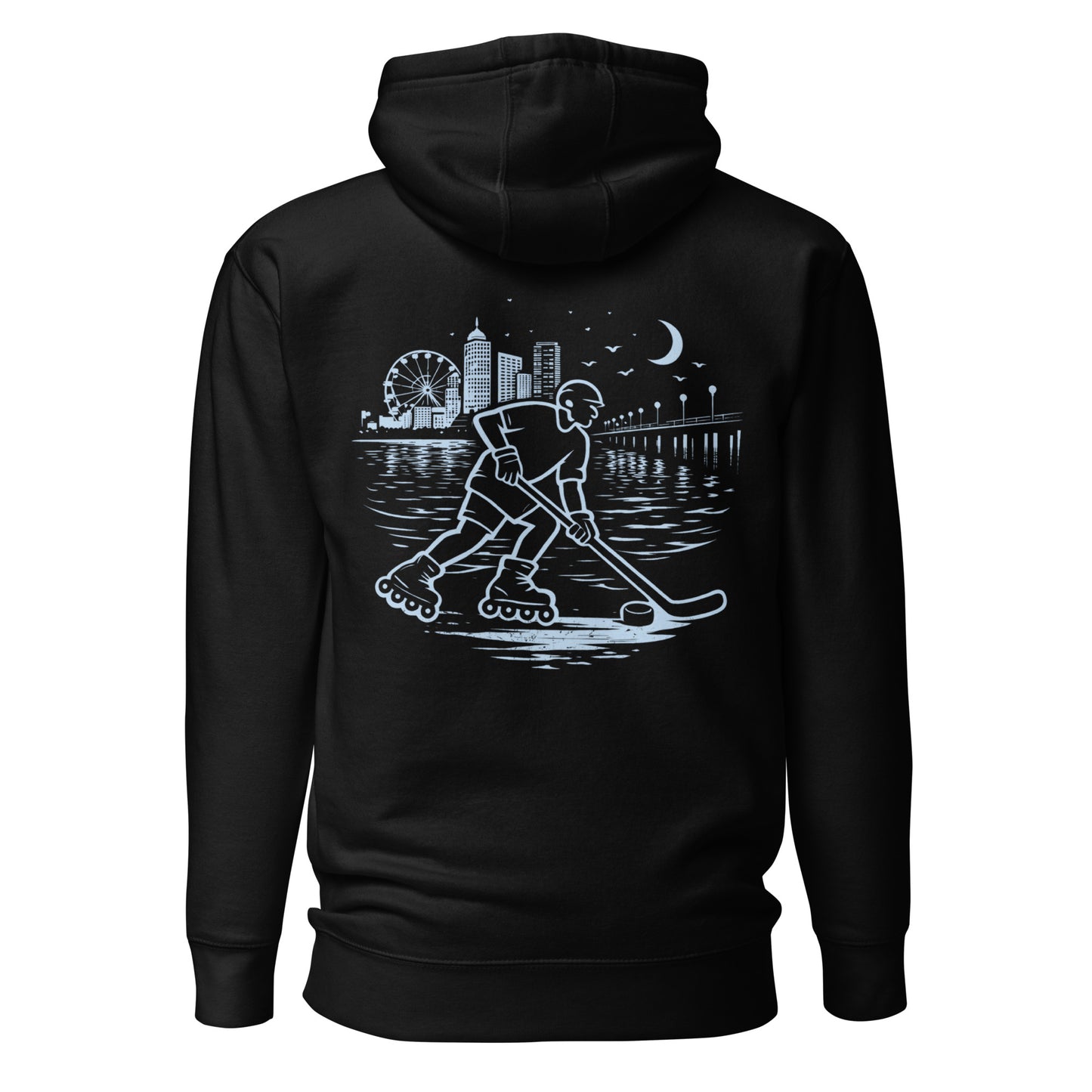 Black roller hockey hoodie back view with baby blue waterfront roller hockey graphic featuring a skater, city skyline, ferris wheel, pier, moon, and water reflections.