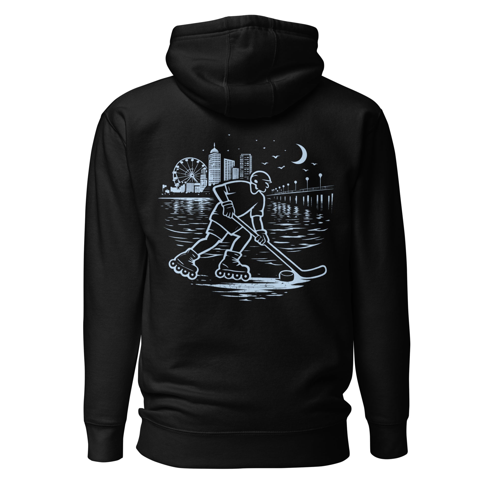Black roller hockey hoodie back view with baby blue waterfront roller hockey graphic featuring a skater, city skyline, ferris wheel, pier, moon, and water reflections.