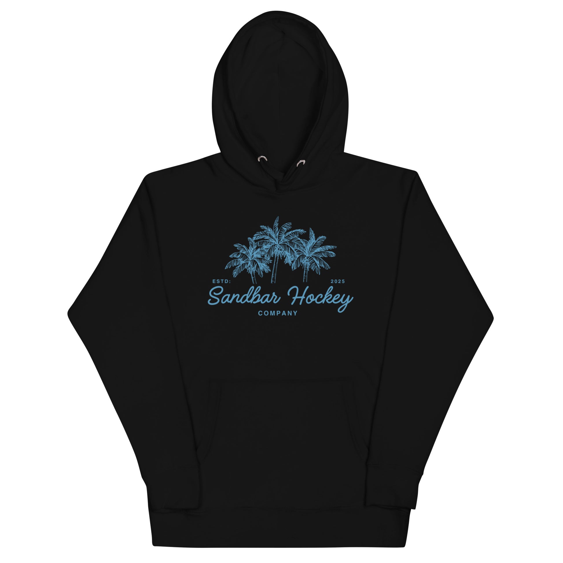 Black hockey hoodie front side with blue palm tree graphic and Sandbar Hockey Company cursive logo