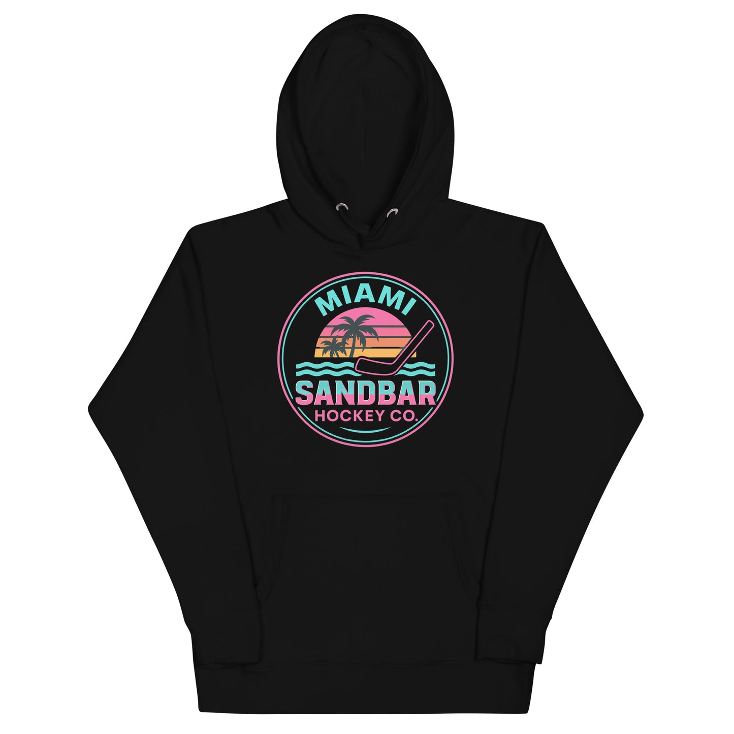 Black Miami Sandbar Hockey hoodie front view with circular neon-style Miami Sandbar Hockey Co. graphic featuring palm trees, sunset stripes, water, and a hockey stick