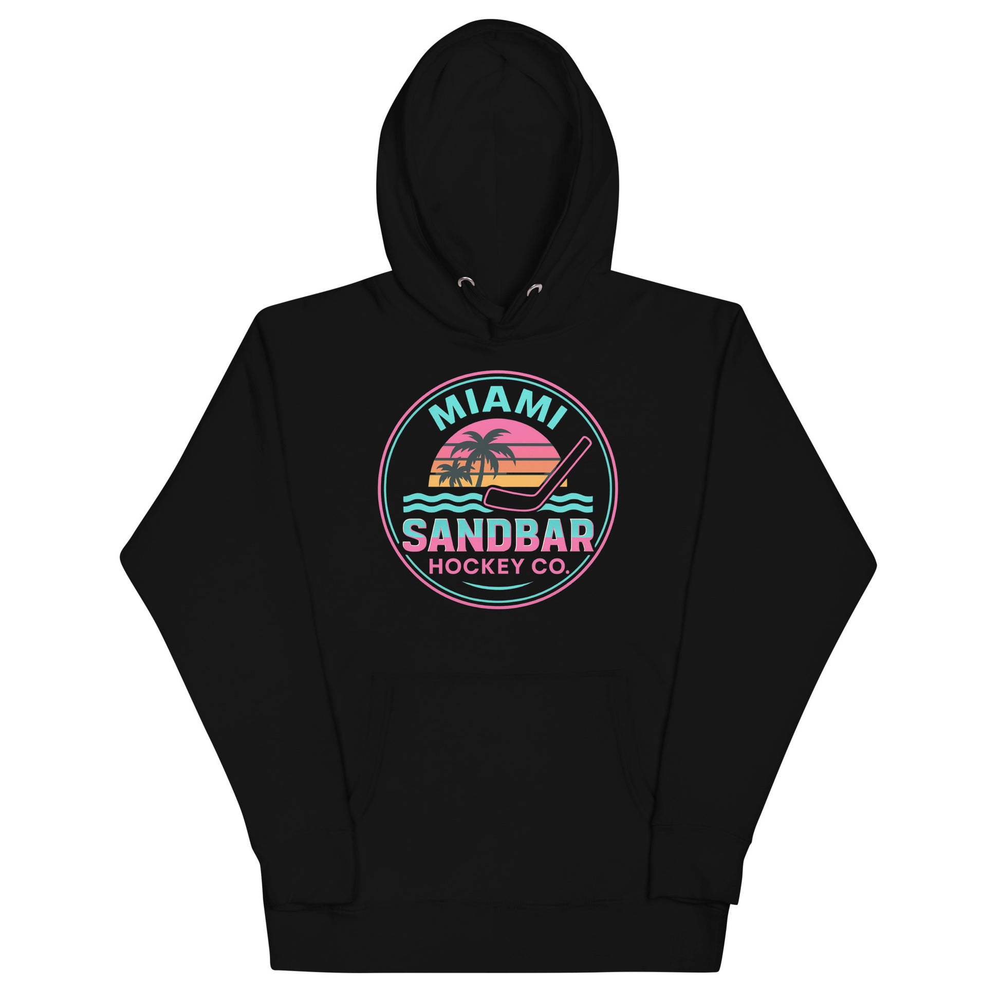 Black Miami Sandbar Hockey hoodie front view with circular neon-style Miami Sandbar Hockey Co. graphic featuring palm trees, sunset stripes, water, and a hockey stick