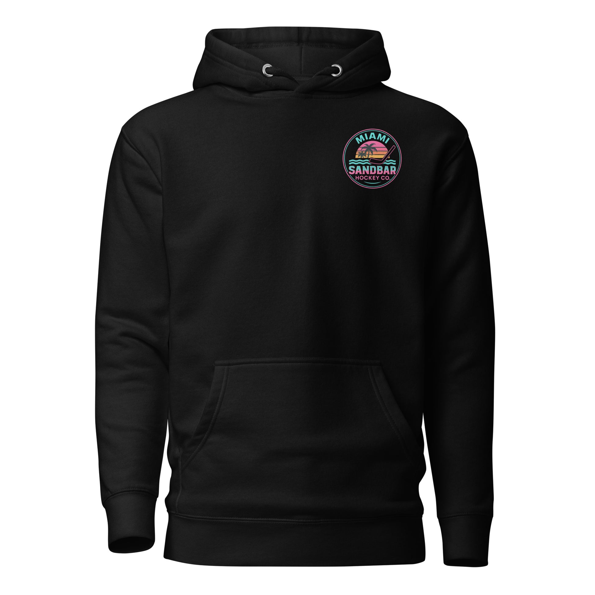 Black Miami Sandbar Hockey hoodie front view with small circular Miami beach sunset logo on left chest