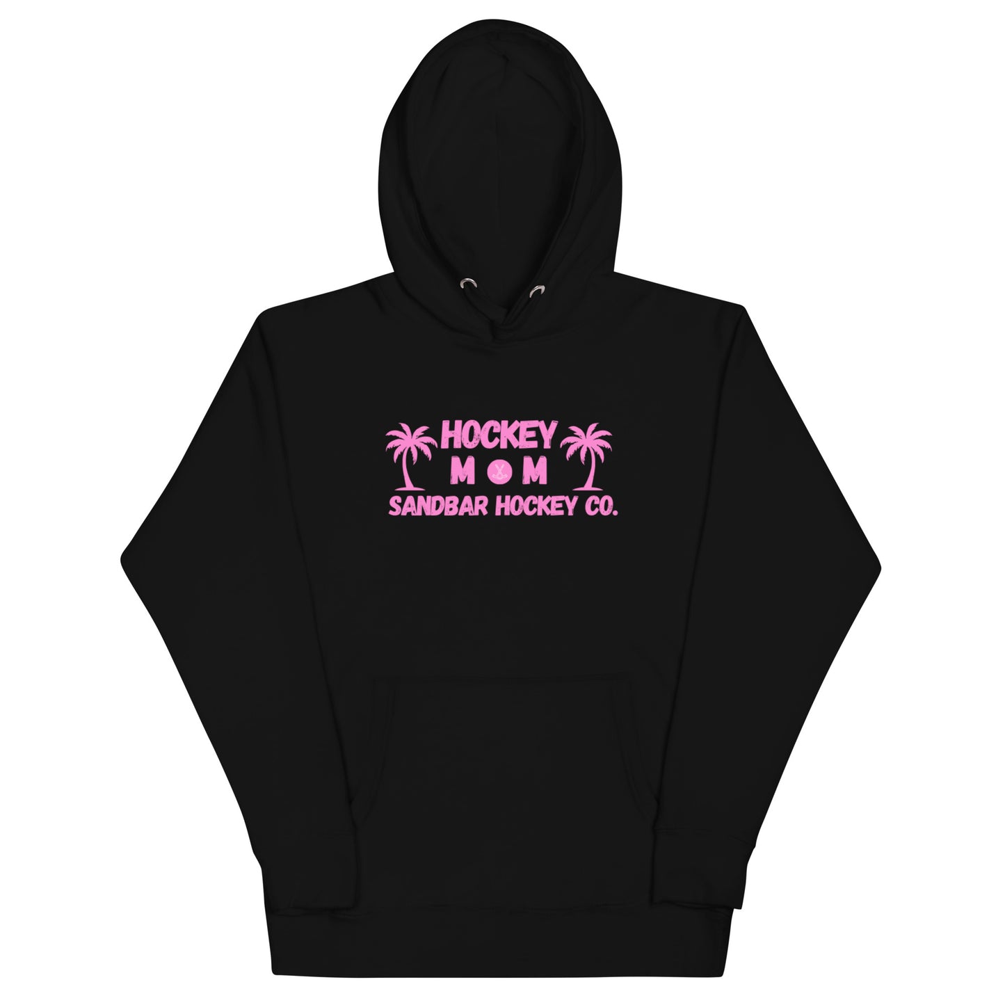 Black hockey mom hoodie front view with pink Hockey Mom Sandbar Hockey Co. graphic on the chest.
