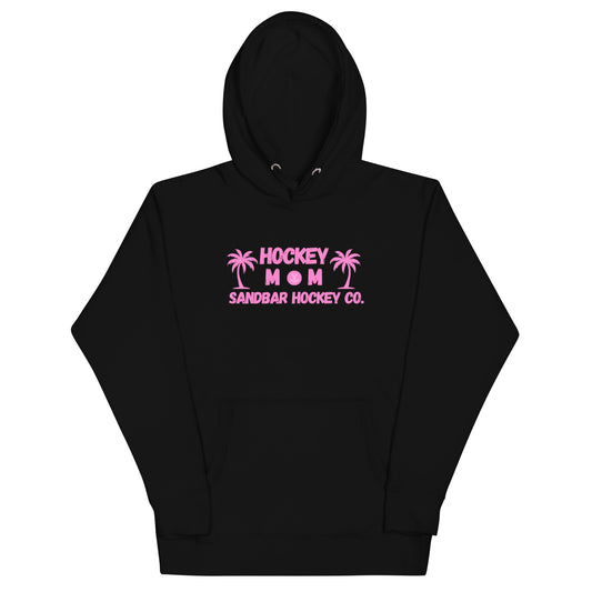 Black hockey mom hoodie front view with pink Hockey Mom Sandbar Hockey Co. graphic on the chest.