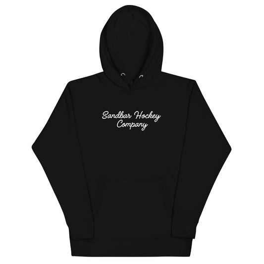Black hockey dad hoodie front view with Sandbar Hockey Company script on the chest.