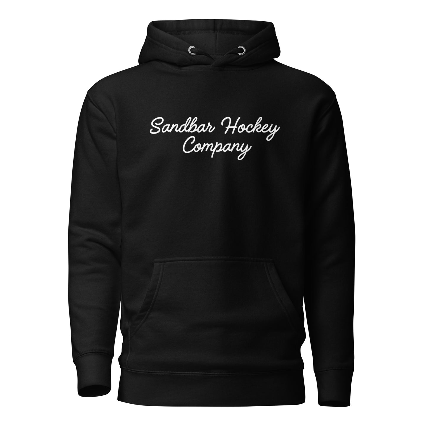 Black southern roller hockey hoodie front view with Sandbar Hockey Company script on the chest.