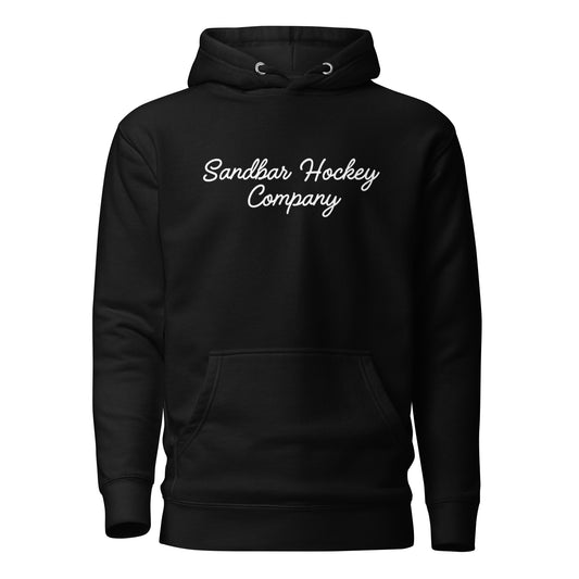 Black southern roller hockey hoodie front view with Sandbar Hockey Company script on the chest.