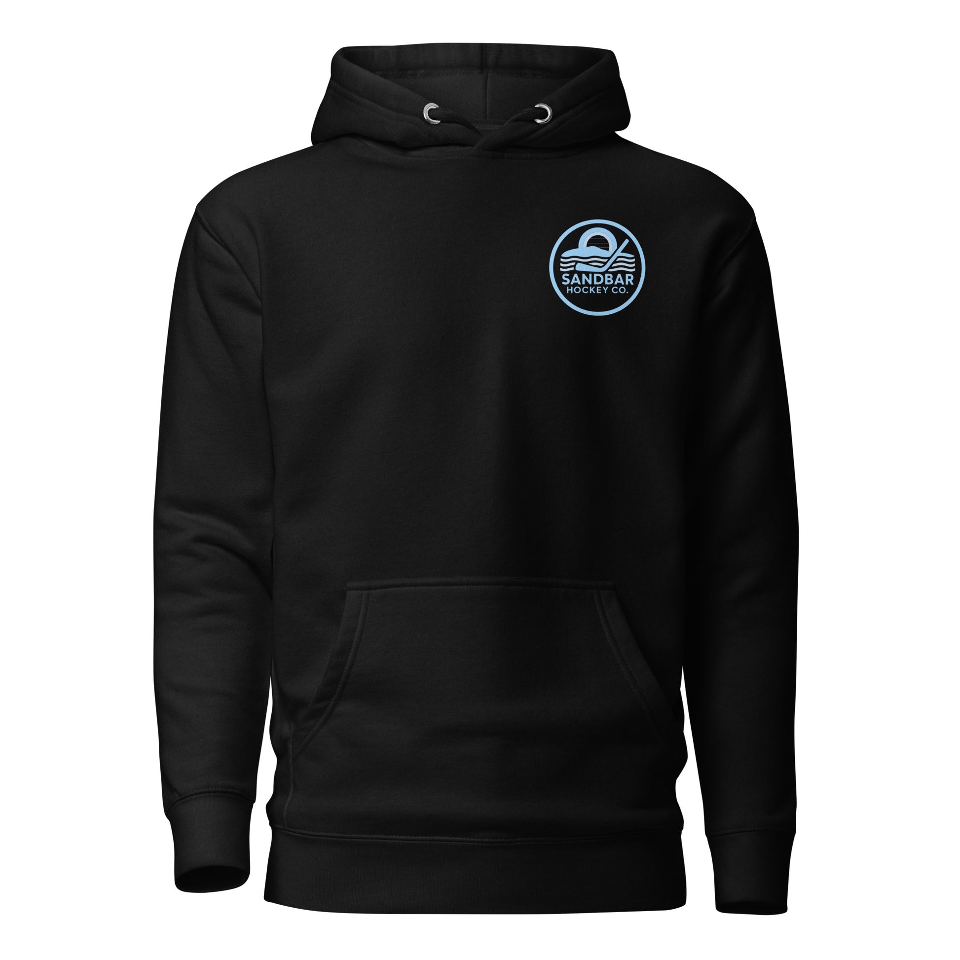 Black roller hockey hoodie front view with blue Sandbar Hockey Co. chest logo.