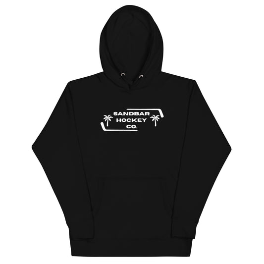 Black Palm Frame Hoodie with white Sandbar Hockey Co. palm frame front logo