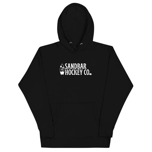 Black Surfside Hockey Hoodie with white Sandbar Hockey Co. surfboard front logo