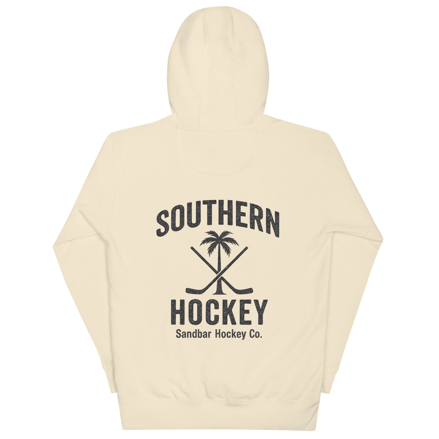 Cream hockey hoodie back side with Southern Hockey palm tree and crossed sticks graphic