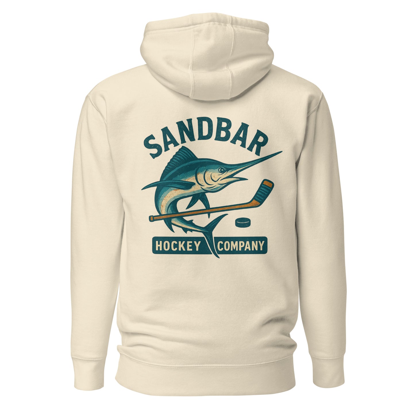 Bone hockey hoodie back side with large marlin, hockey stick, and puck graphic with Sandbar Hockey Company text