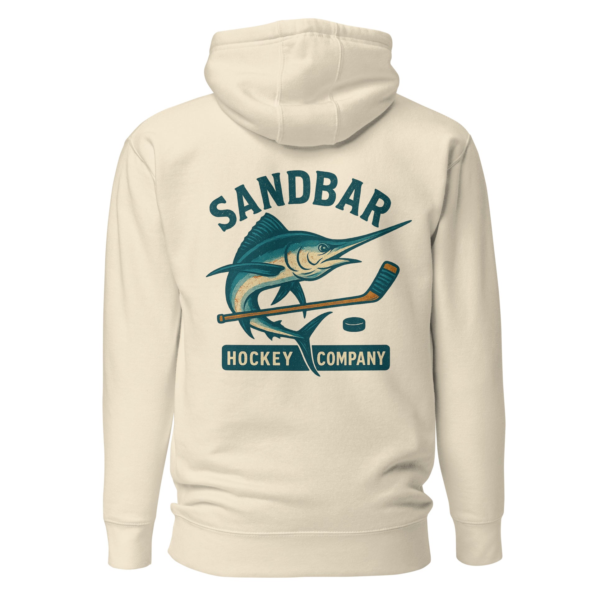 Bone hockey hoodie back side with large marlin, hockey stick, and puck graphic with Sandbar Hockey Company text