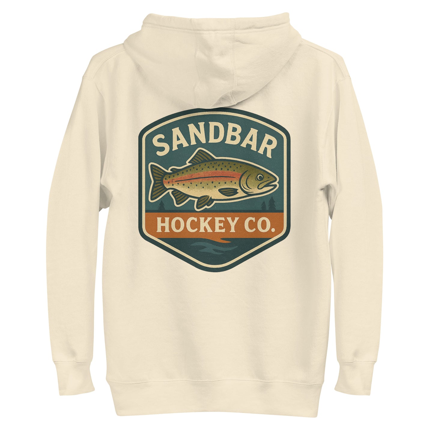 Bone hockey hoodie back side with large Sandbar Hockey Co. trout badge graphic