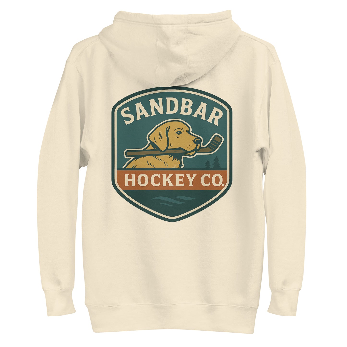 Cream hockey dog hoodie with a large Sandbar Hockey Co. dog shield graphic on the back