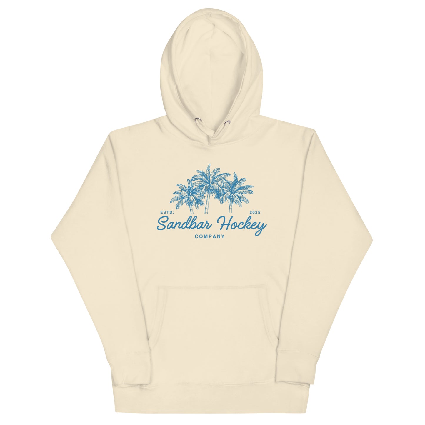 Sand hockey hoodie front side with blue palm tree graphic and Sandbar Hockey Company cursive logo