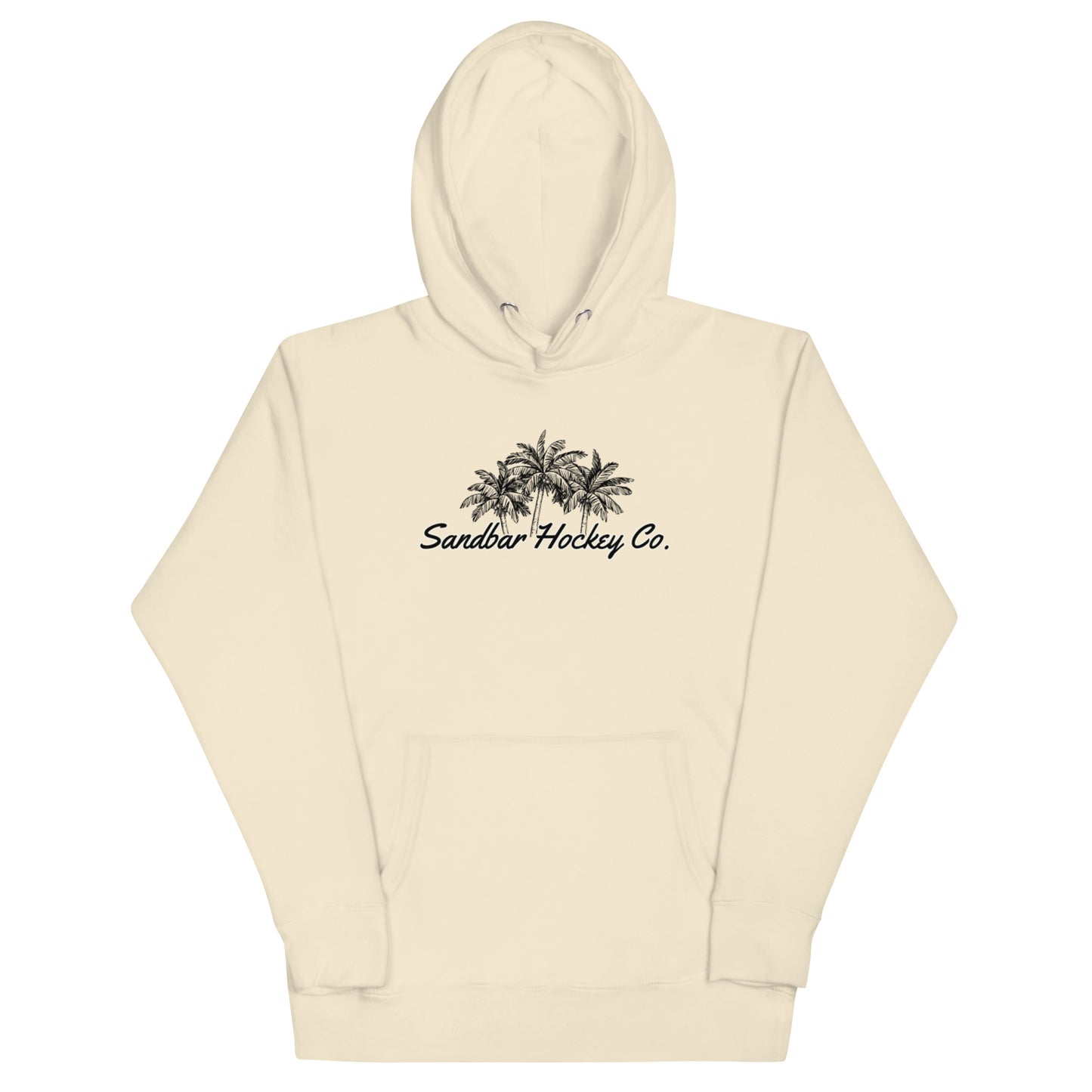 Cream hockey hoodie front side with black palm tree Sandbar Hockey Co. chest logo