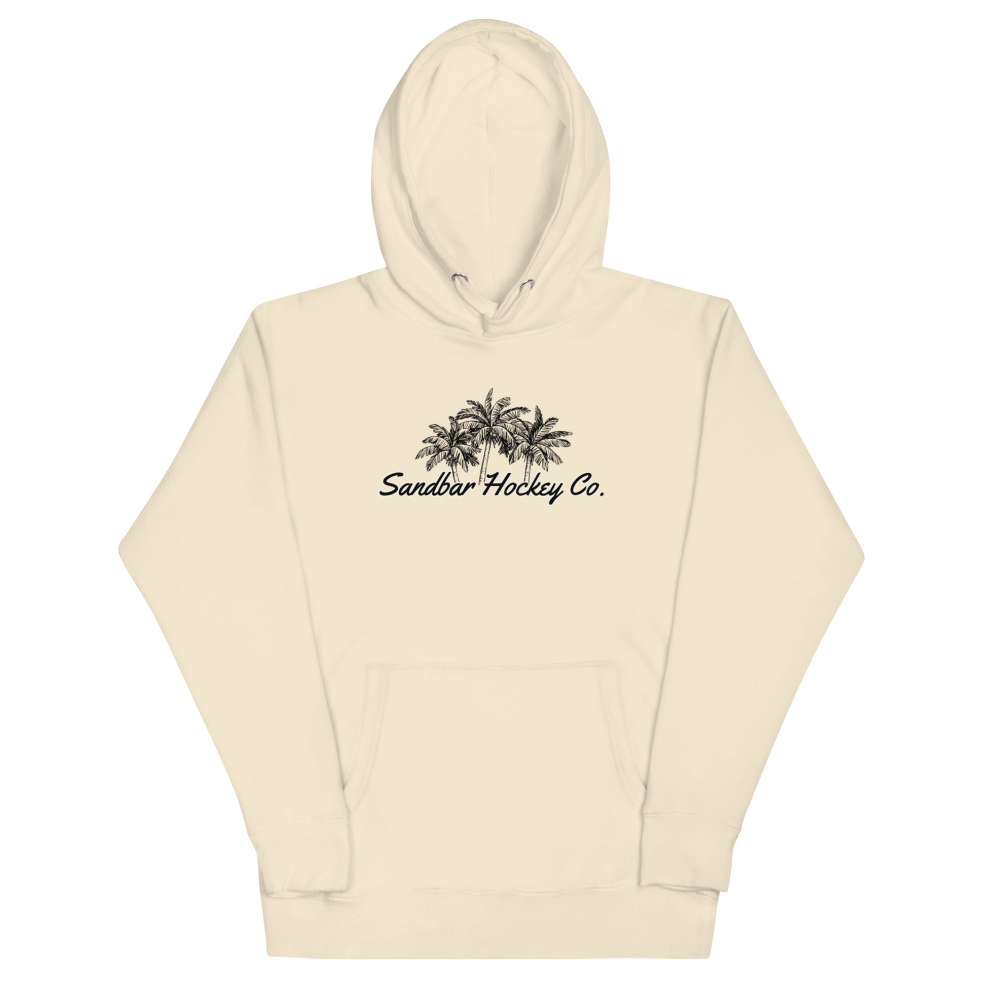 Cream hockey hoodie front side with black palm tree Sandbar Hockey Co. chest logo