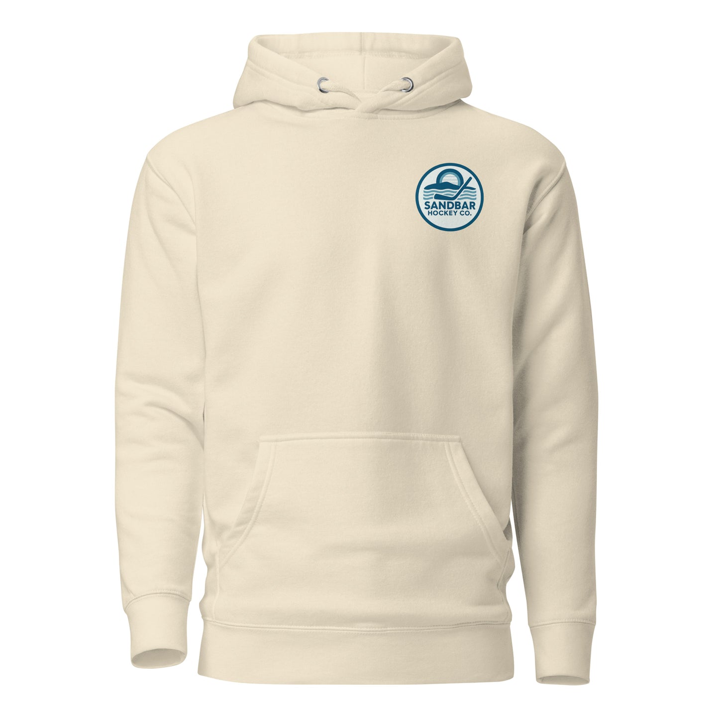 Bone hockey hoodie front side with small circular Sandbar Hockey Co. chest logo featuring sunset, water, and hockey stick
