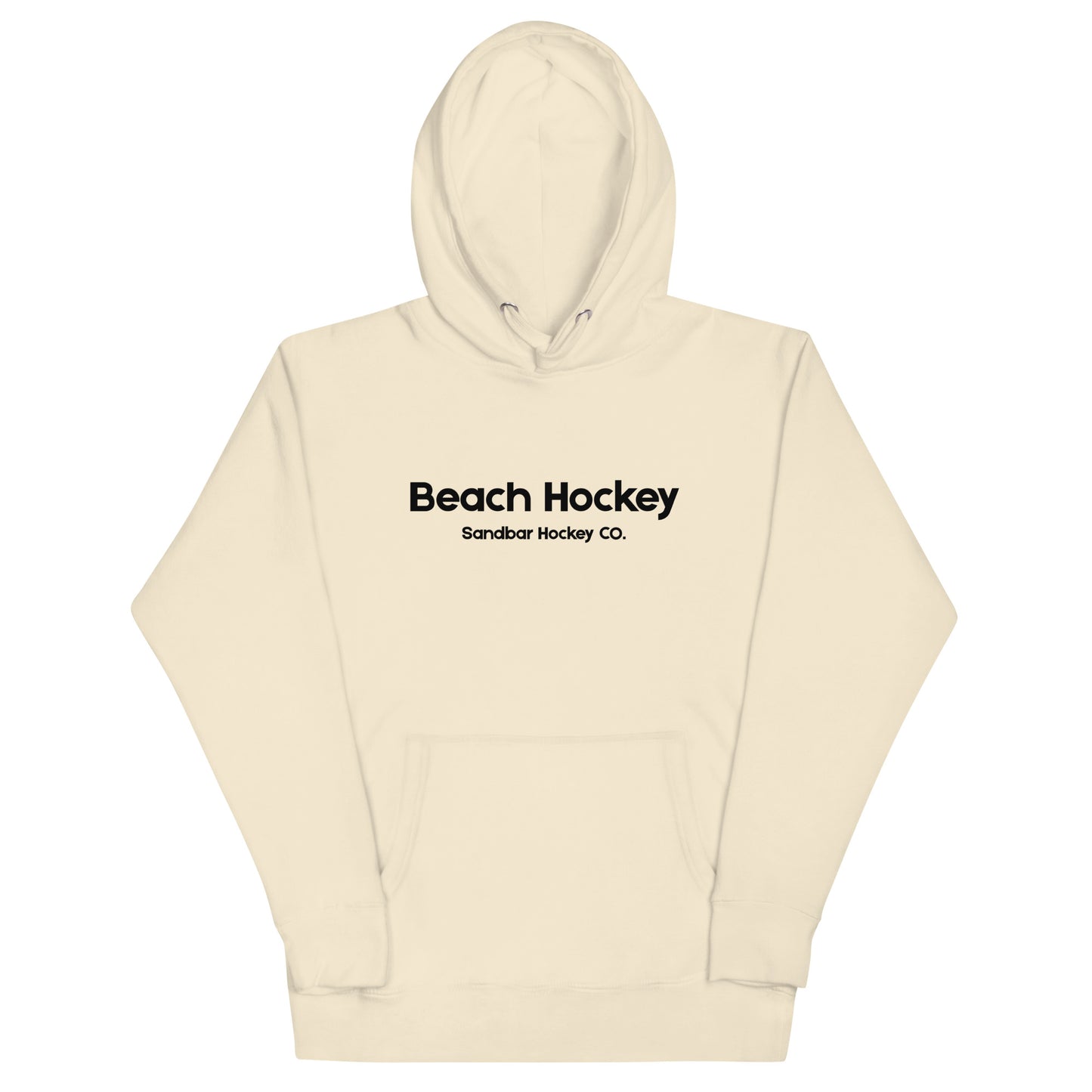 Cream beach hockey hoodie front view with Beach Hockey Sandbar Hockey Co. text on the chest.