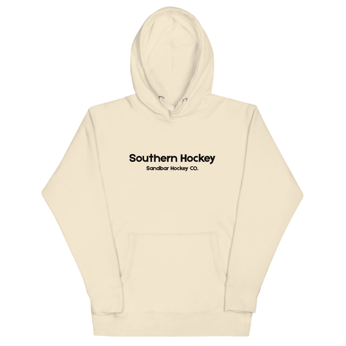 Cream southern hockey hoodie front view with Southern Hockey Sandbar Hockey Co. text on the chest.